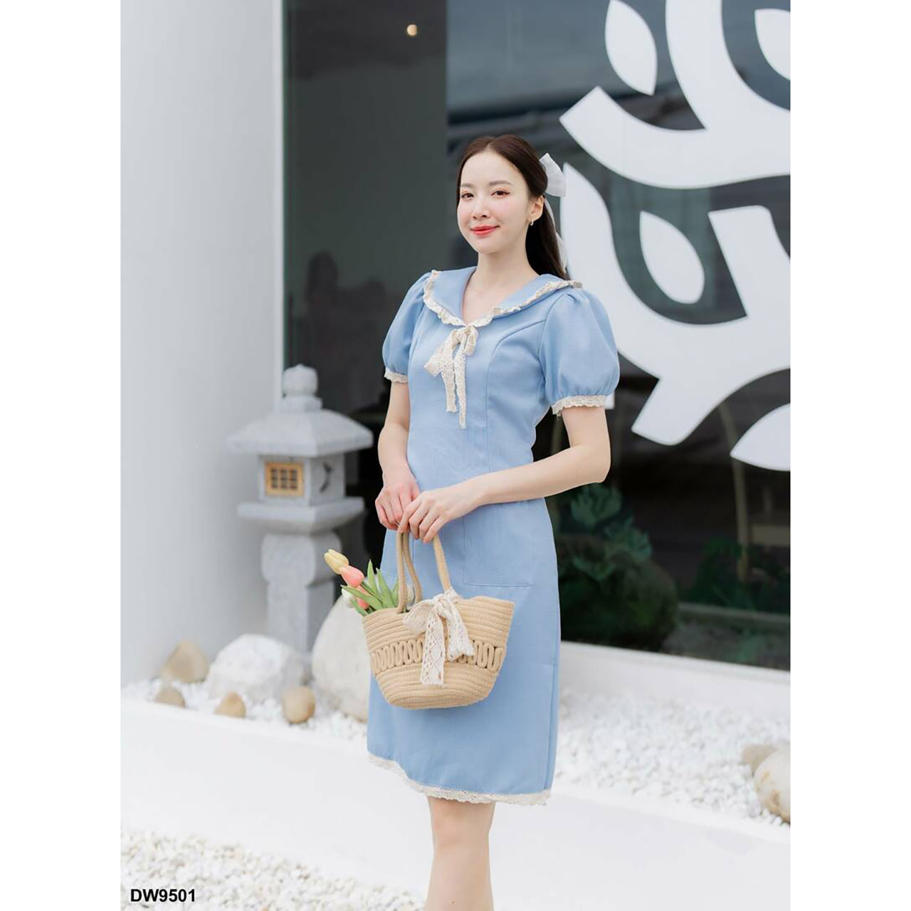 kudapy เดรสสั้สีชมพู/สีฟ้า/สีกรม คอปกแต่งลูกไม้แขนตุ๊กตา