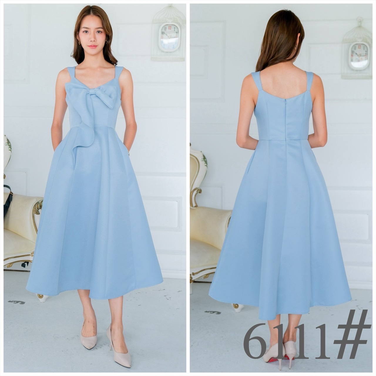 kudapy เดรสยาว แขนกุด อกโบว์ เกาหลี กระโปรงบาน มีกระเป๋าข้าง