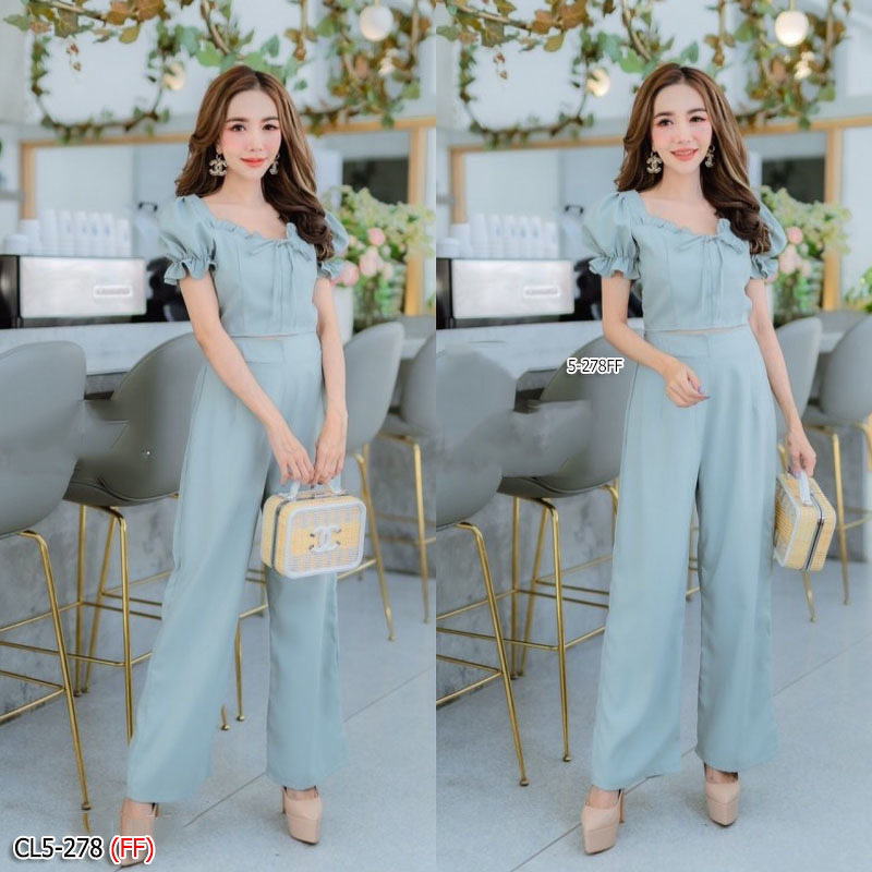 kudapy Set 2 ชิ้นสี ชมพู น้ำตาล เขียว เสื้อแขนพองปลายแขนสม๊อค อกจับจีบผูกโบว์ มาพร้อมกางเกงขายาว สวยๆ เก๋ๆ