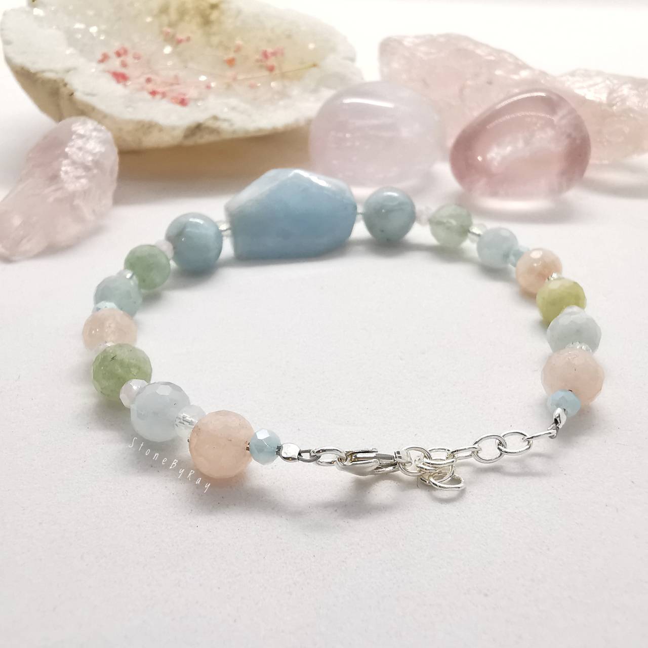 สร้อยข้อมือเงินหินอความารีนกับเบริล Moonstone+Beryl