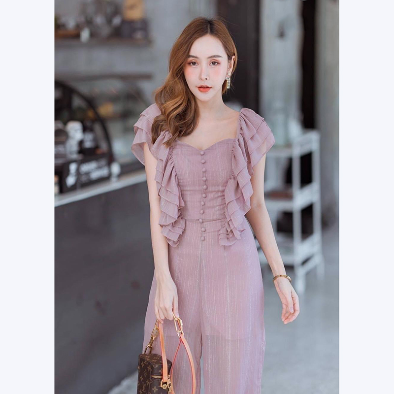 kudapy จั๊มสูทขายาวผ้าวิ๊งๆ แพทเทิ่นระบายช่วงแขนระบาย เนื้อผ้าใส่สบายๆ