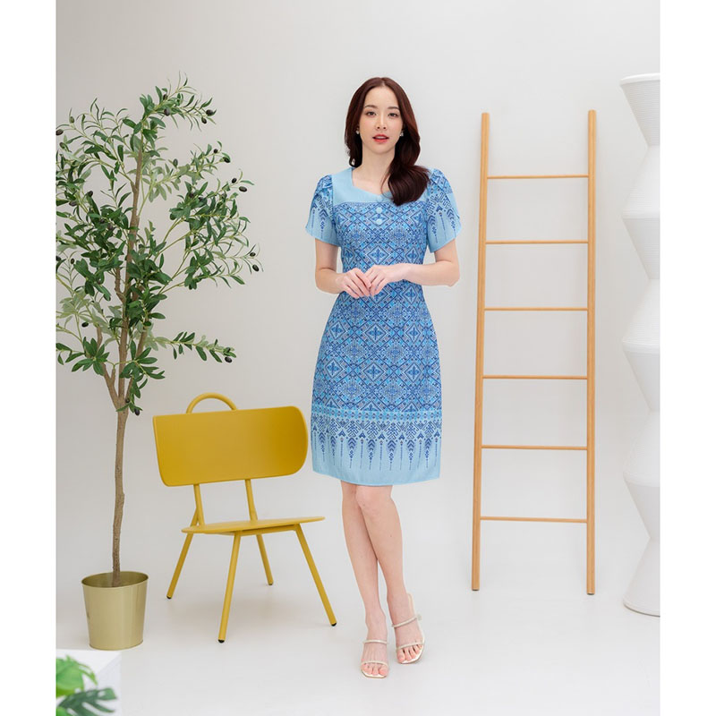 kudapy เดรสสั้นสีฟ้า/สีชมพู/สีม่วง ผ้าลายไทยแขนกลีบบัว