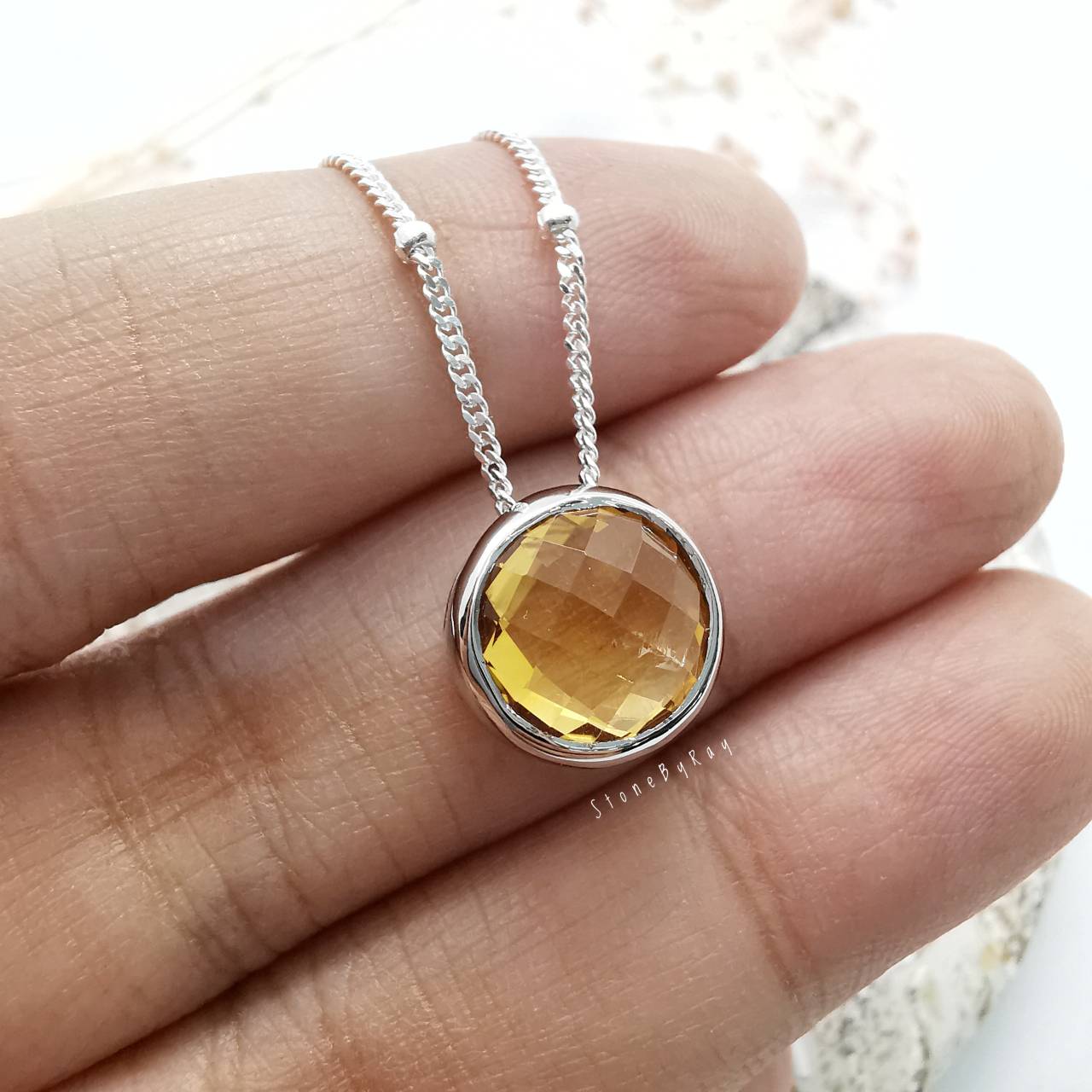 สร้อยคอเงินจี้พลอยซิทรินเจียรเหลี่ยม(Citrine)