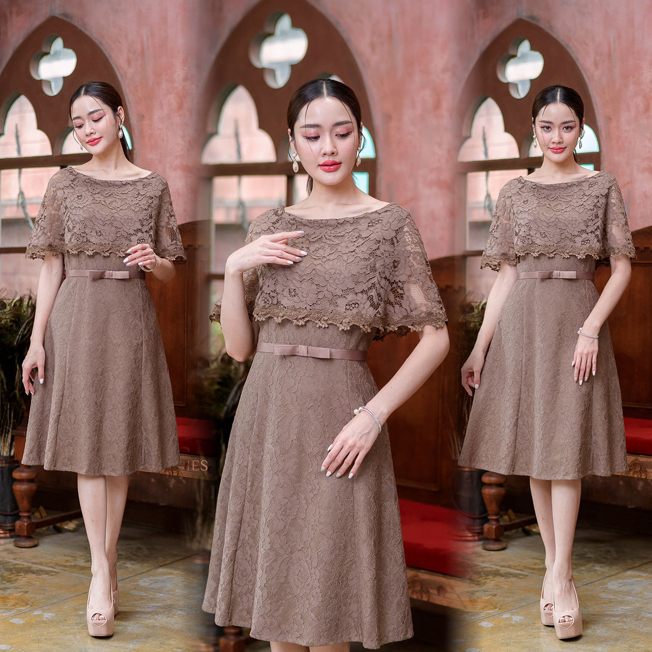 kudapy เดรสสั้นสีทูโทน/ชมพู/น้ำตาล/ทอง/เทา ผ้าลูกไม้อัดกาว ทรงจะสวยได้รูปไม่นิ่มไม่ย้วยจนเกินไป ด้วยผ้าลูกไม้คลุมไหล่