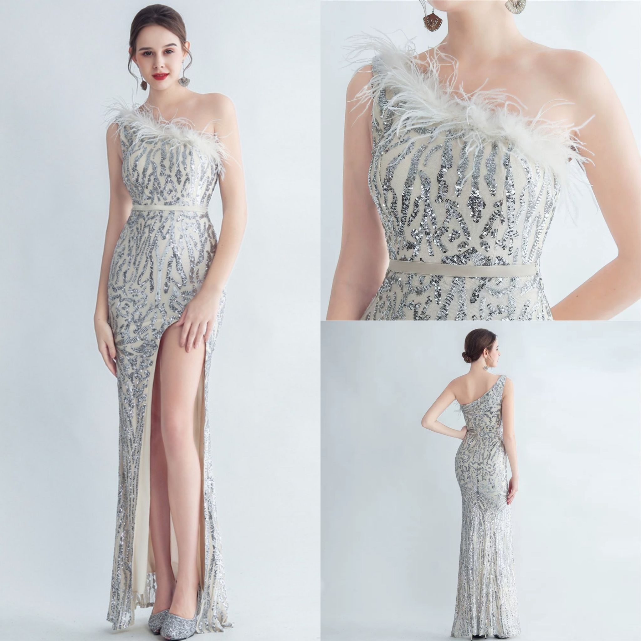 kudapy ชุดราตรียาวไหล่เดี่ยวสีชมพู,สีครีมเงิน,สีเขียวเข้ม,สีฟ้า,สีดำ เฉียงข้างผ่าหน้า ผ้ากริสเตอร์ ยืดตามตัว