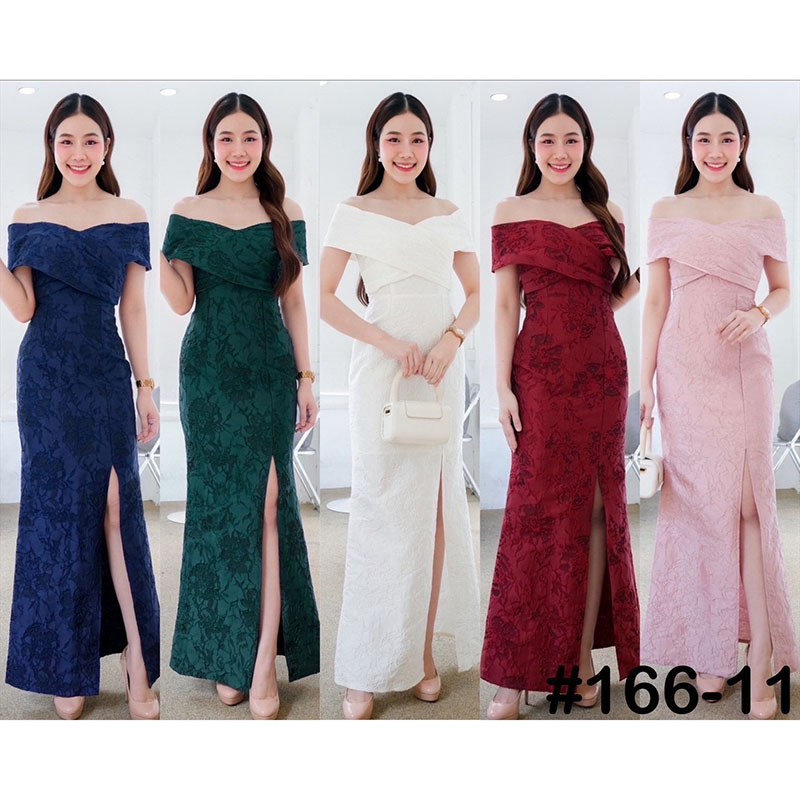 kudapy เดรสยาวสีขาว/สีชมพู/สีเขียว/สีกรม อกไขว้ใหญ่ เปิดบ่าผ่าหน้า เนื้อผ้าทอลายดอก ดีงาม เดรสใส่ออกงาน