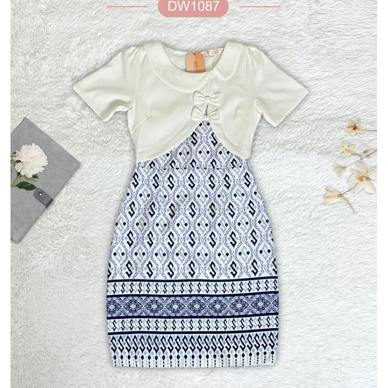 kudapy เดรสสั้นสีแดง/สีขาว/สีชมพู/สีส้ม/สีกรม ผ้าไทยกั๊กแต่งโบว์ ใส่สบายสวยดูดี