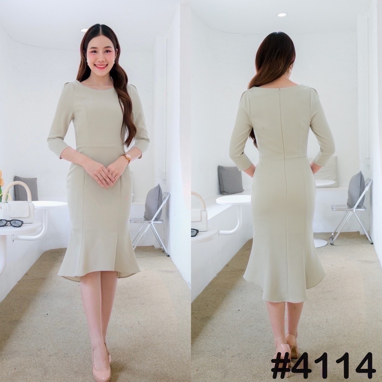 kudapy เดรสแขน3/4 กระโปรงทรงหางปลา เรียบหรูสุดๆ ใส่ไปงาน ผ้าเครปเกาหลี หนานุ่ม เด้งดึ๋ง ใส่สบาย