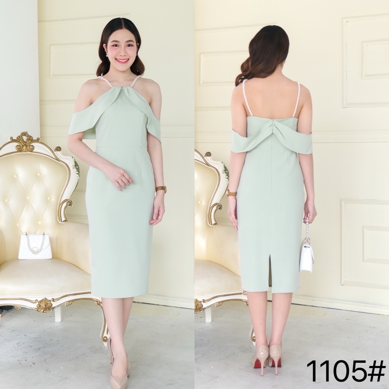 kudapy เดรสสั้น ทรงสอบ เว้าบ่า แต่งสายมุก กระโปรงสอบทรงดินสอ เก็บทรง ผ่าหลัง