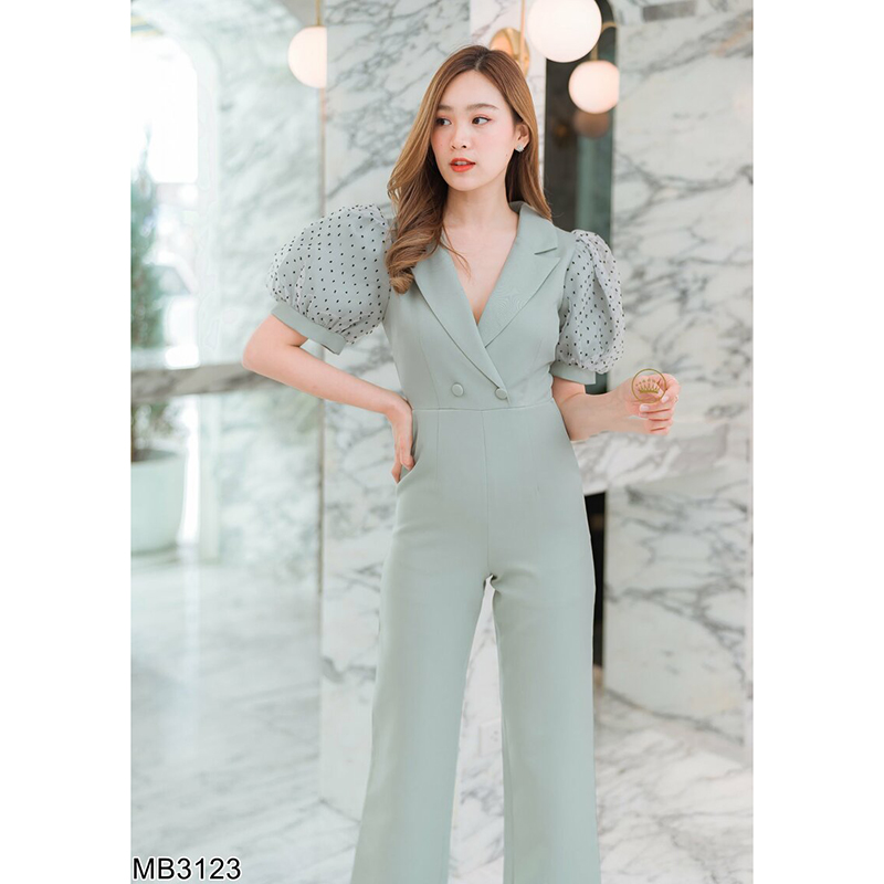 kudapy จั้มสูทขายาวสีเขียว/สีชมพู แขนตุ๊กตาลายจุด ผ้าสวยใส่สบายดูดี