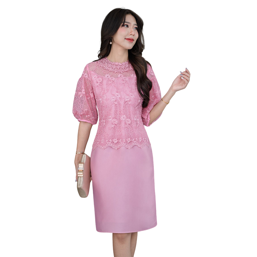 kudapy เดรสสั้นแขนกระดิ่งพองสีชมพู สีฟ้า ลูกไม้+ผ้าไหมทรงเอ ใส่สบายไม่ร้อย ทรงสวยงานมากค่ะ