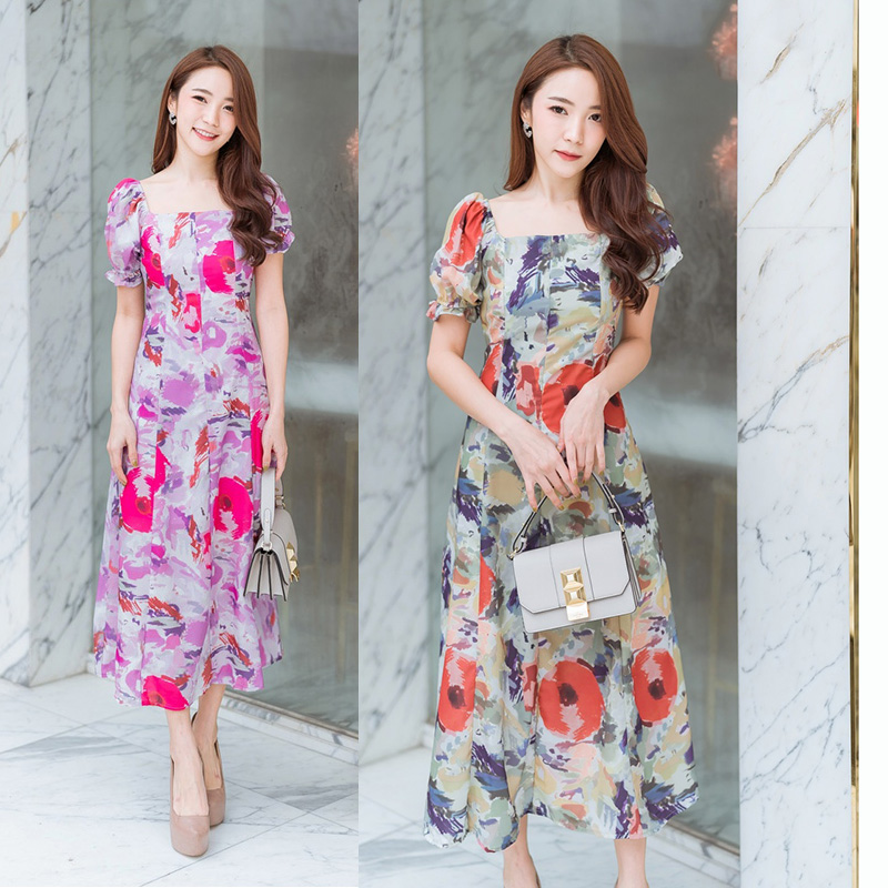 kudapy เดรสสั้นสีเขียว/สีม่วง คอเหลี่ยมแขนตุ๊กตาสวยดูดีใส่สบาย
