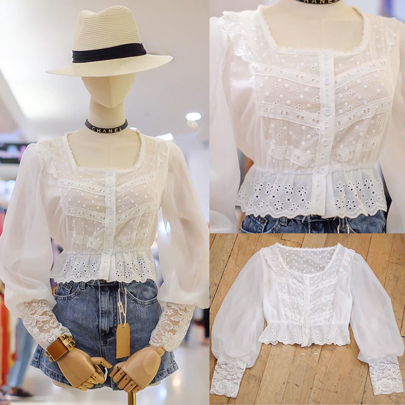 kudapy เสื้อลูกไม้ปักฉลุสีขาว แขนซีทรูบอลลูน ปลายแขนลูกไม้ กระดุมผ่าหน้า