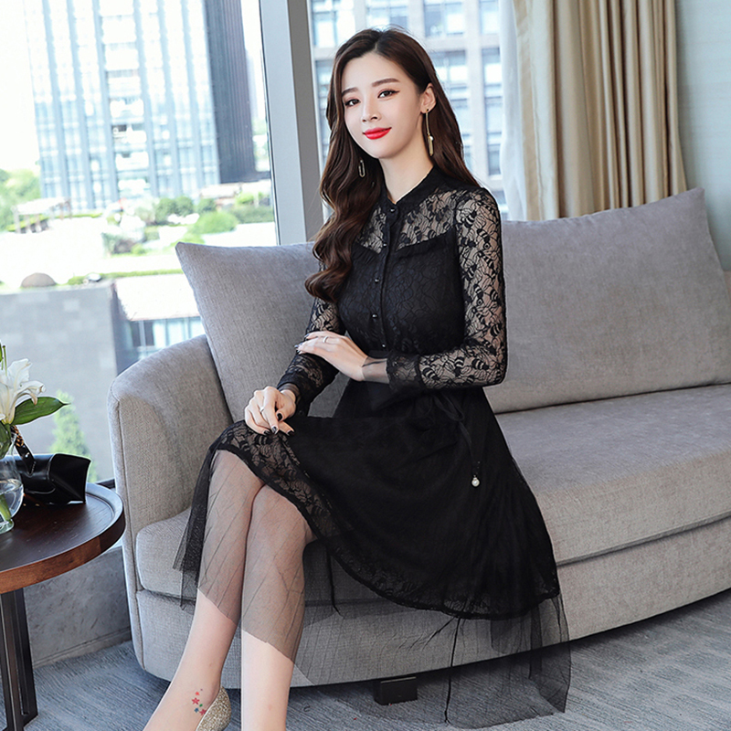 kudapy ชุดเดรสสั้น ผ้าลูกไม้สีดำ/สีครีม เดรสคอจีน แขนยาวผ้าลูกไม้นิ่มทิ้งตัวทรงสวยตามแบบ