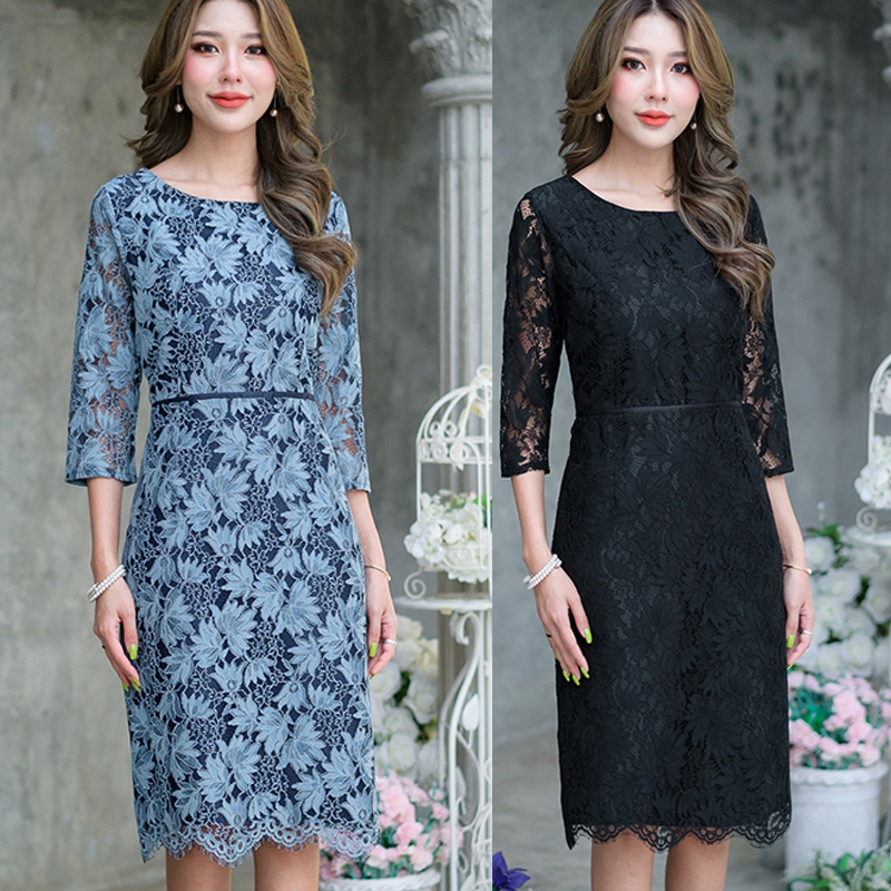 kudapy เดรสสั้นคอกลมสีดำ,สีฟ้ากรม แขนสามส่วน เดรสลูกไม้เนื้อนิ่ม ดีไซน์ทรงเรียบหรูใส่ง่ายได้ทุกโอกาสค่ะ มีซับในทั้งชุด แต่งซิปด้านหลัง