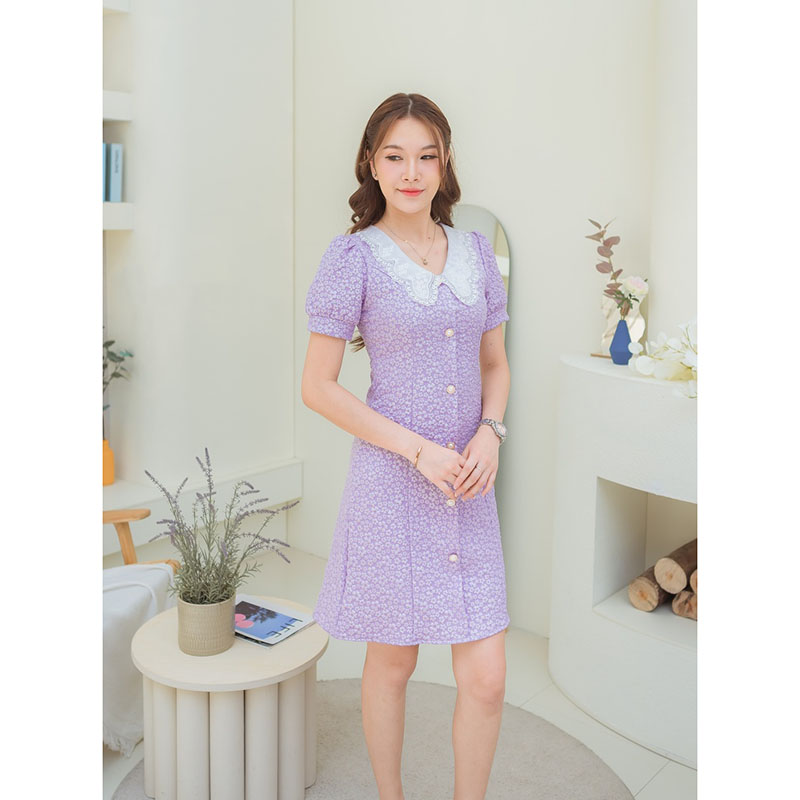 kudapy เดรสสั้นสีน้ำตาล/สีม่วง/สีขาว คอบัว แต่งแขนตุ๊กตา ทรงเข้ารูป ปลายกระโปรงบาน