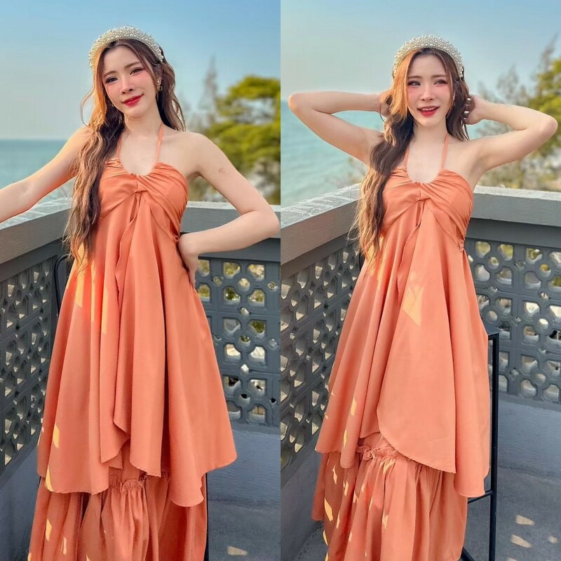 kudapy Set 2 ชิ้น เสื้อเกาะอก + กระโปรงยาวแต่งระบาย ชุดเที่ยวทะเล