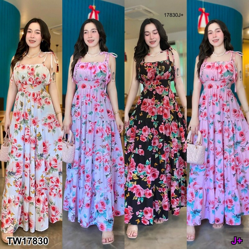 kudapy Maxi dress ลายดอกกุหลาบ เดรสยาวผูกไหล่ แต่งย่นช่วงหน้าอก ด้านหลังสม๊อค