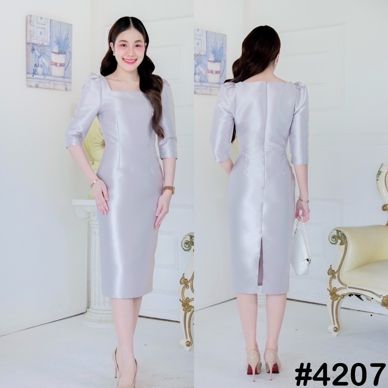 kudapy เดรสสั้นออกงาน แขนสามส่วน ดีเทลจับจีบหัวไหล่ กระโปรงสอบผ่าหลัง คอเหลี่ยม