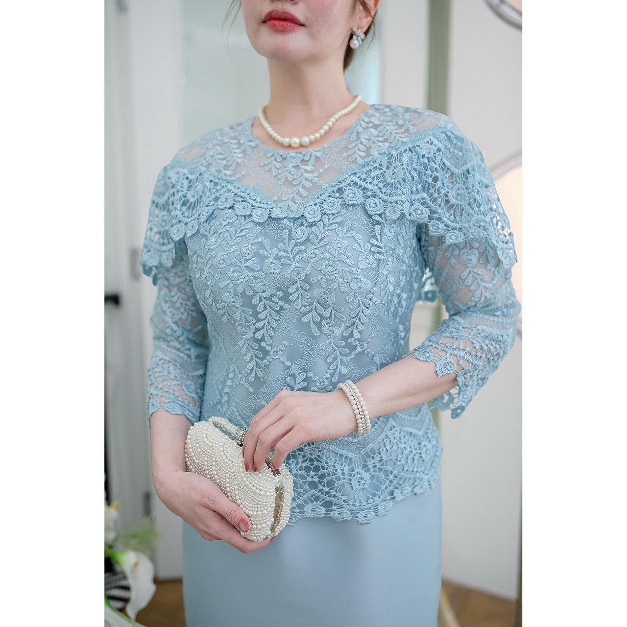 kudapy เดรสผ้าไหมลูกไม้แต่งไหล่ระบายแบบสวยเก๋ งานแขนห้าส่วนลูกไม้นิ่มไม่ระคายผิว