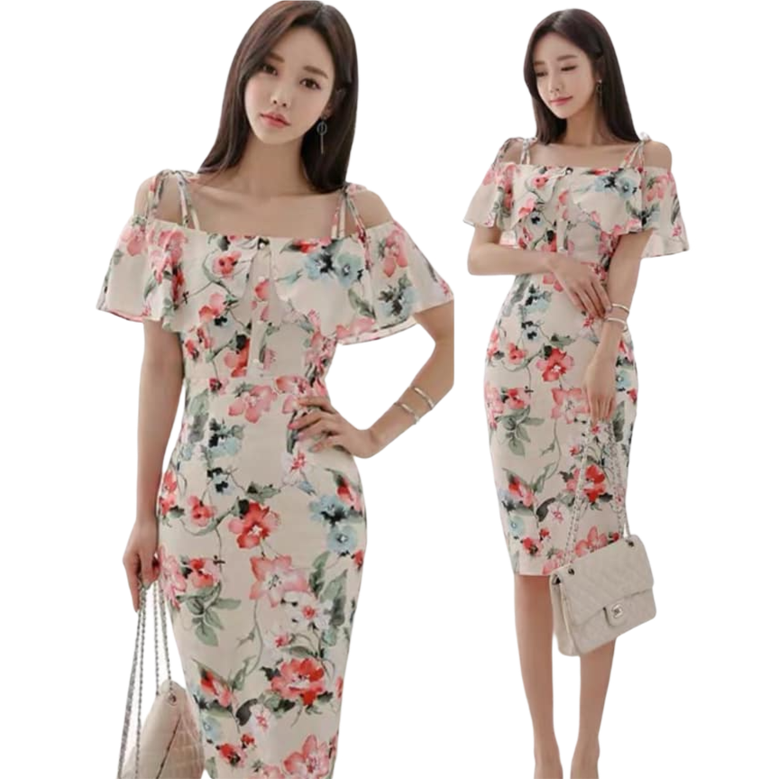 kudapy เซ็ต2ชิ้น เสื้อ+กระโปรงสองชิ้นสีครีมลายดอก สไตล์หวานๆพิมพ์ลายดอก เปิดไหล่ ระบายรอบไหล่ ผ้าโพลีเอสเตอร์ ทรงดินสอเอวดินสอเอวสูง