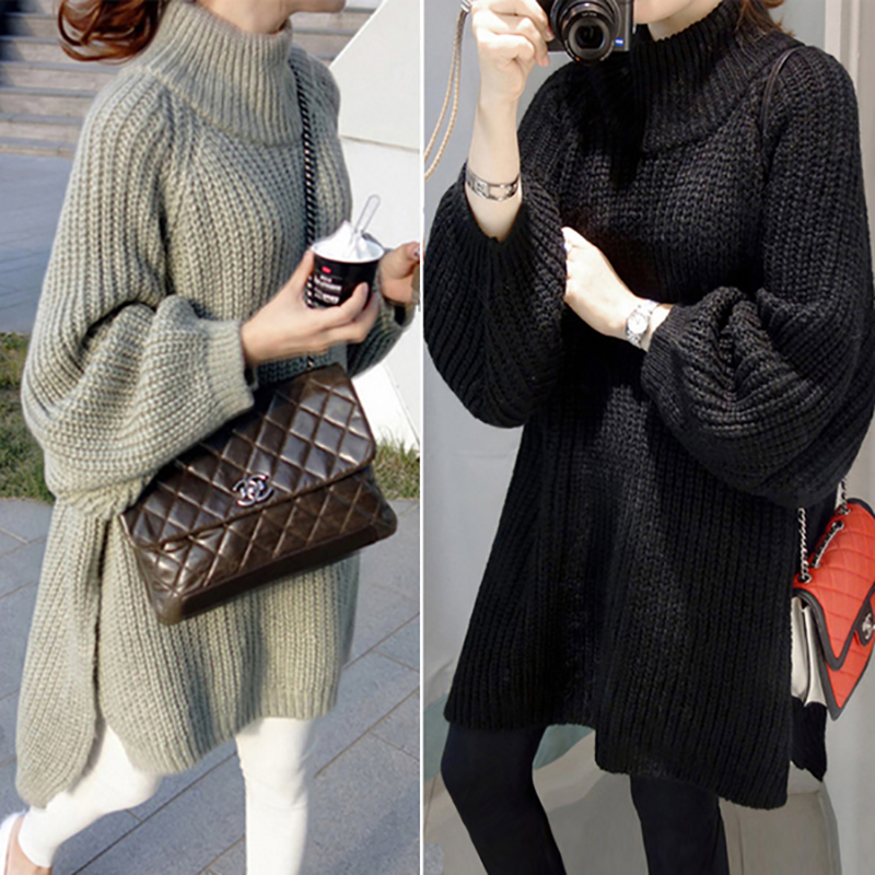 kudapy เสื้อไหมพรมสีเขียวอ่อน,ดำ ตัวโคล่ง Sweater เกาหลีฝุดๆ ยืดได้เยอะ
