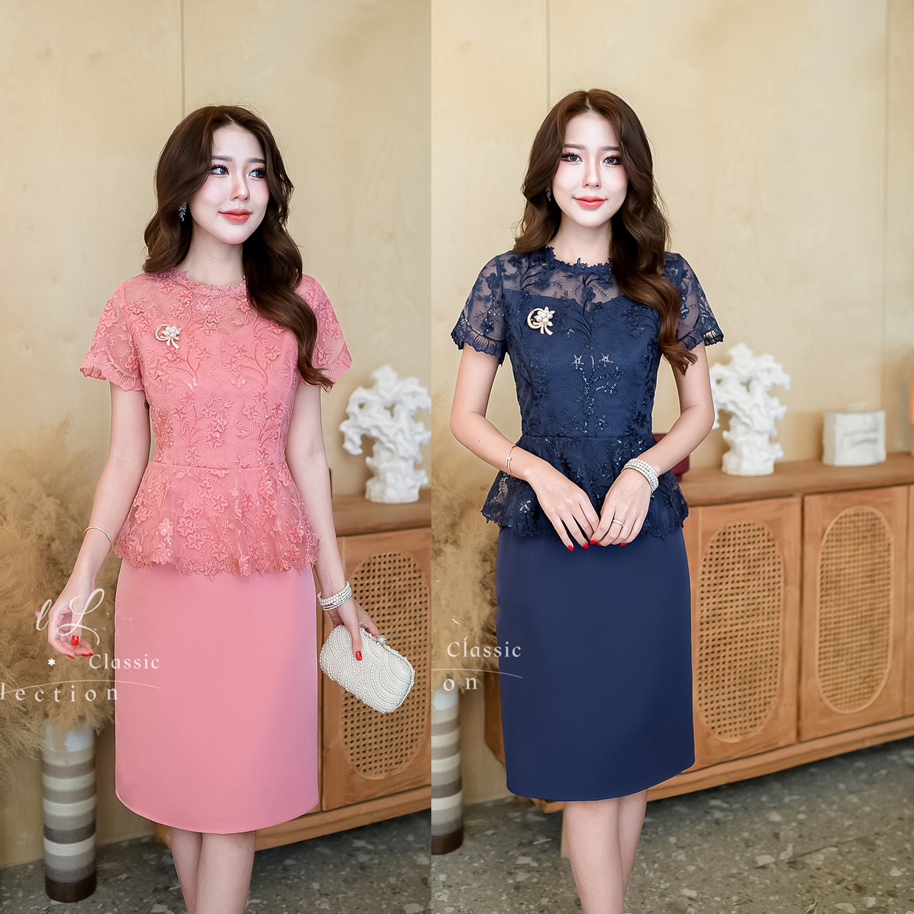 kudapy เดรสสั้สีชมพู/สีกรม ลูกไม้ปักดอกไม้ประดับเลื่อม ช่วงบนเป็นเสื้อคลุมแขนสั้นเอวระบายสวยหวานค่ะ ตกแต่งลูกไม้รอบคอ และชายระบาย