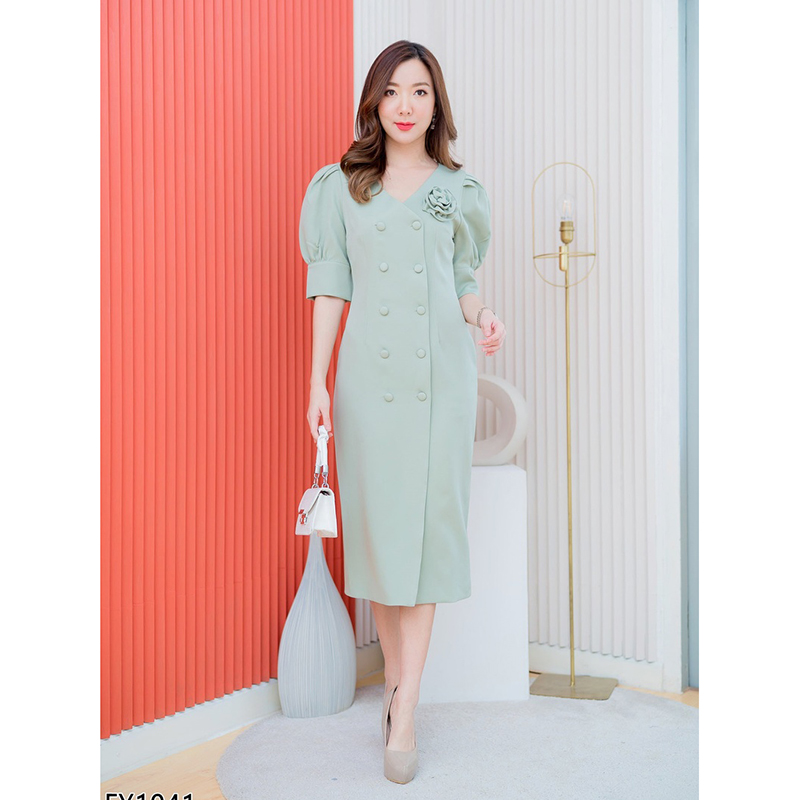 kudapy เดรสยาวสีเขียว/สีชมพู/สีกรม แขนตุ๊กตาดอกไม้ติดไหล่ สวยดูดีเรียบร้อย