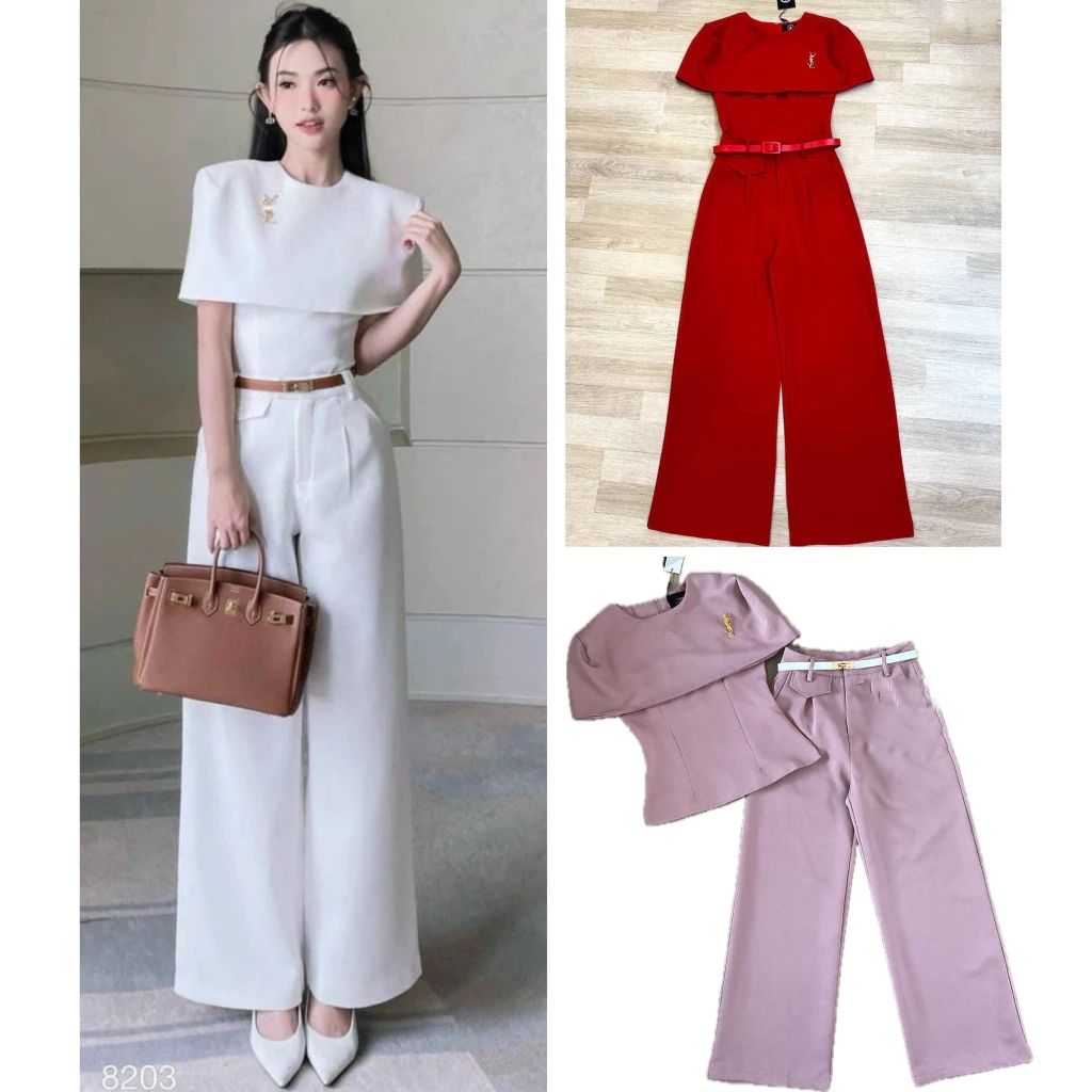 kudapy เซตเสื้อแต่งคลุมไหล่+กางเกงขายาวทรงกระบอกสีขาว ,สีชมพู