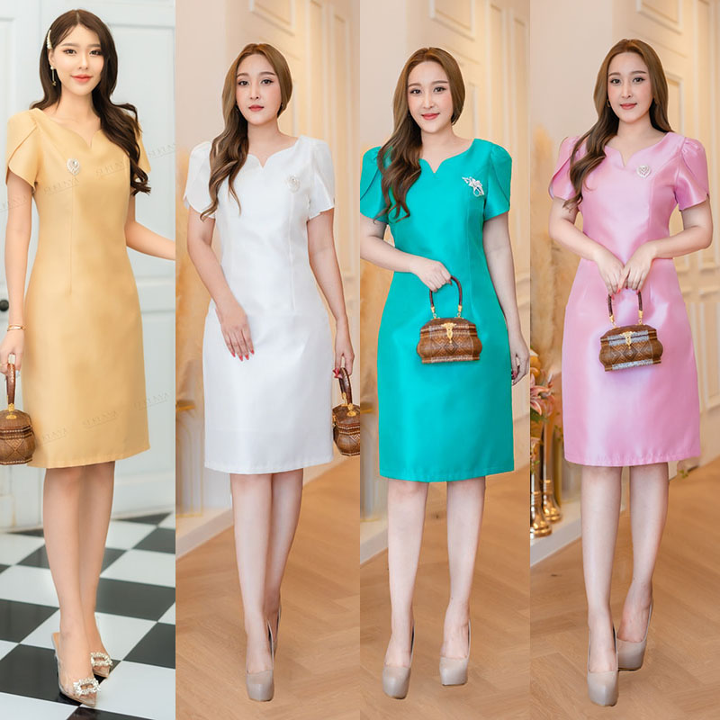 kudapy เดรสสั้นสีชมพู/สีทอง/สีเขียว/สีขาว ผ้าไหมญี่ปุ่นอัดกาว คอหัวใจ ทรงแขนทิวลิป ตัวชุดมีซับในให้อย่างดีมาพร้อมซิปซ่อนหลังผ่าหลังเล็กน้อย