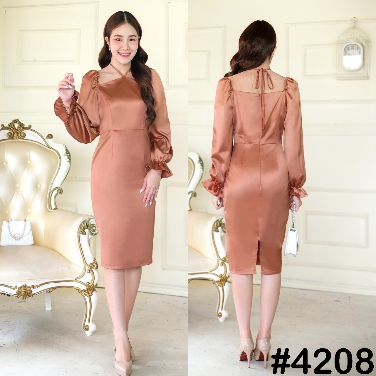 kudapy เดรสอกสามเหลี่ยม ดีเทลเชือกผูกหลังคอ แขนตุ๊กตายาว ปลายแขนแต่งระบาย