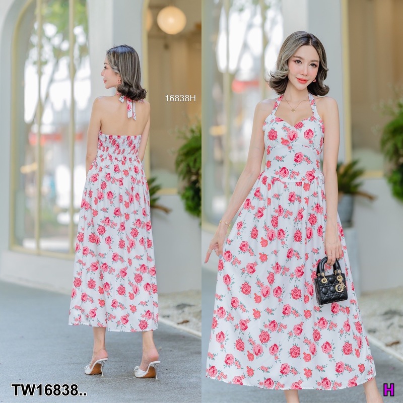 kudapy เดรสยาวไปทะเล ปรับสายได้ ผ้าไหมเกาหลี ลายดอกไม้ สวย หวาน ใส่ยางสม็อคเต็มหลังหลัง มีบลาฟองน้ำ
