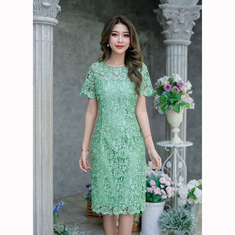 kudapy เดรสสั้นสีชมพูกะปิ/เขียว ลูกไม้ถักทรงแขนสั้น ทรงยอดนิยมของทางร้านค่ะ สวยเรียบใส่ง่าย