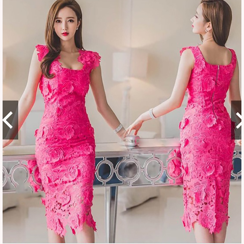 kudapy เดรสสั้นสีชมพูบานเย็น ลูกไม้ แขนกุดแต่งลูกไม้ตรงไหล่ ผ้าลูกไม้ลายดอกไม้สวยๆ ยืดหยุ่นได้เล็กน้อย ทรงเข้ารูป