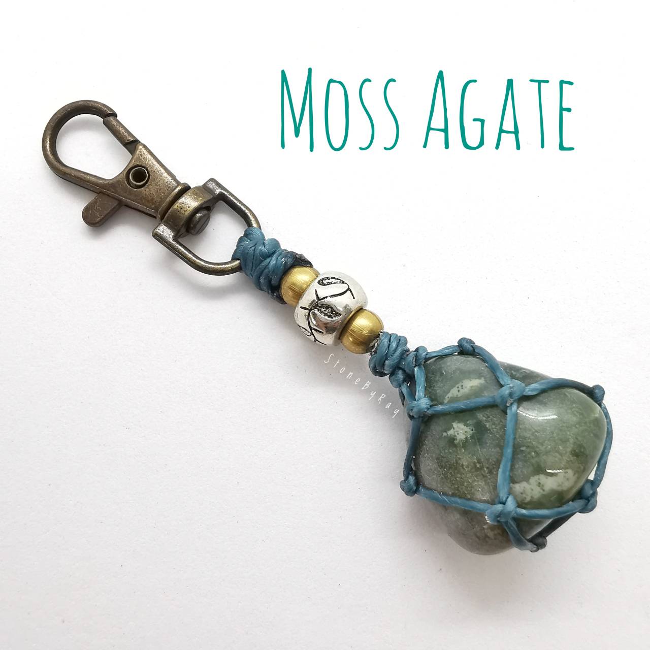 พวงกุญแจเชือกถักหินมอสอาเกต Moss Agate