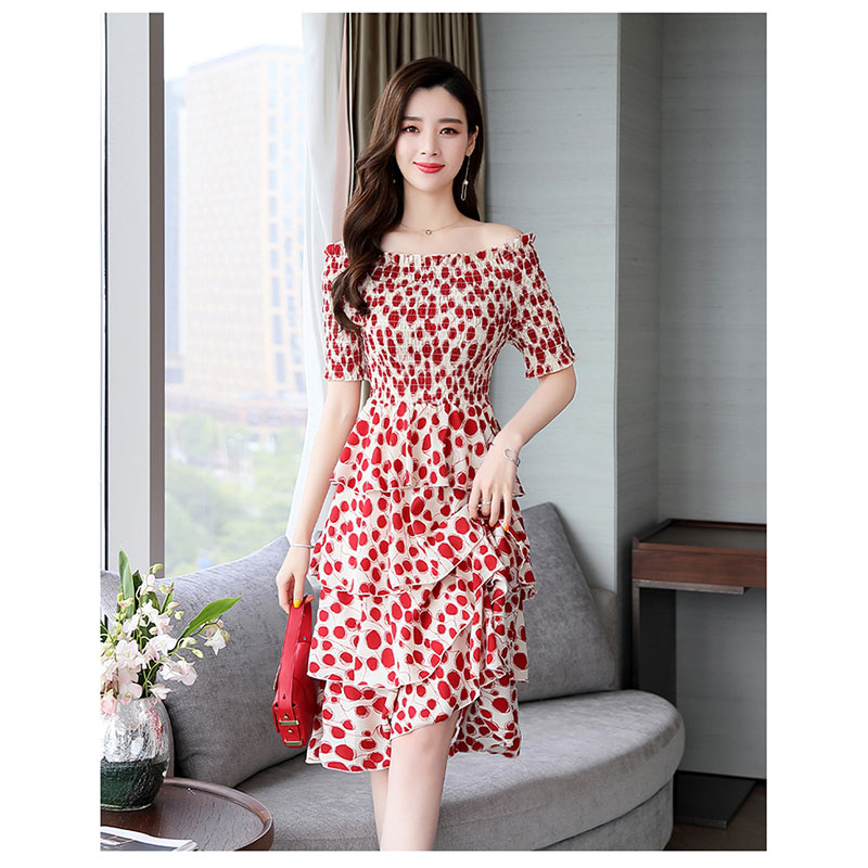 kudapy ชุดเดรสสั้นสีแดง,สีน้ำเงิน ใส่ทำงาน ผ้าโพลีเอสเตอร์ผสมพื้นสีครีม