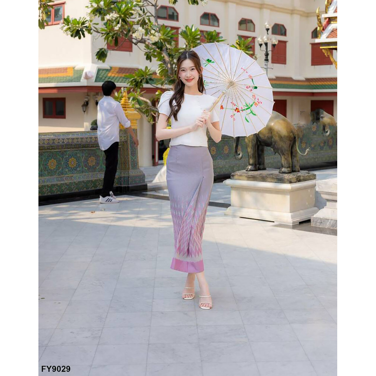 kudapy เซ็ทลิซ่าผ้าถุงลายไทยสีเทา/สีชมพู ใส่ออกงาน ใส่ไปวัด งานบุญ สวยดูดี