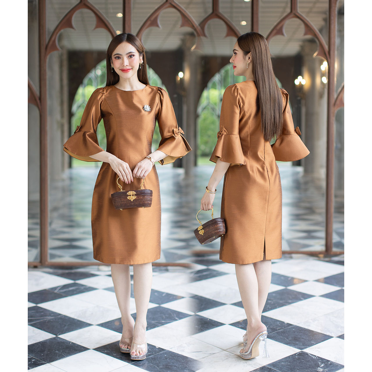 kudapy เดรสสั้นสีน้ำตาล/สีดำ/สีแดง/สีม่วง งานไหม 4 เส้น อัดกาวทั้งตัว ทรงสวยใส่ออกงาน