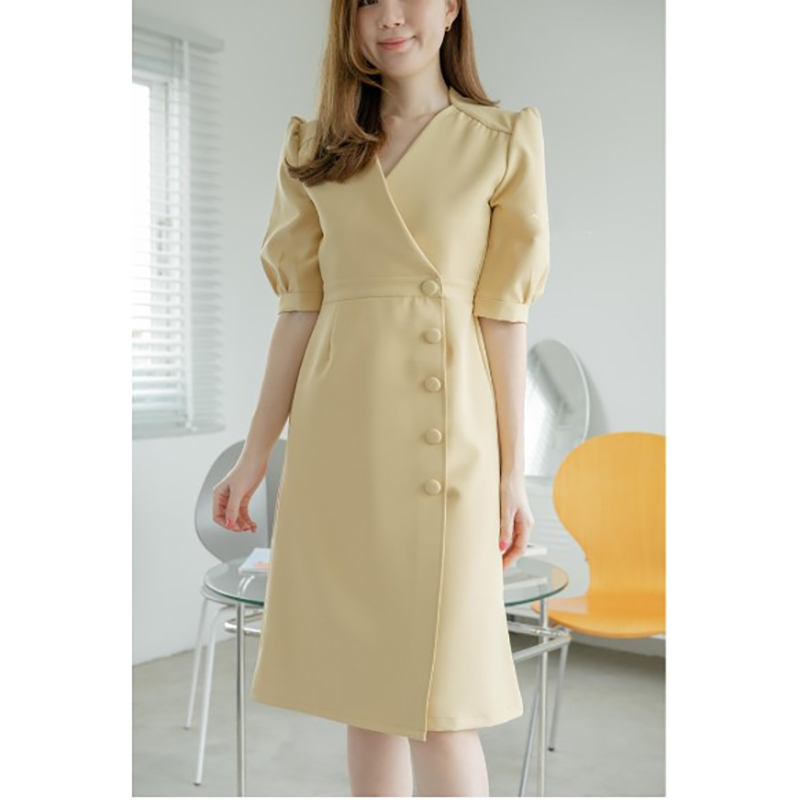 kudapy เดรสสั้นสีชมพูอ่อน,สีเหลือง,สีเขียว,สีดำ,สีชมพูนู้ด,สีแดงไวน์ ผ้านาโนเนื้อดี คอวีแขนตุ๊กตา