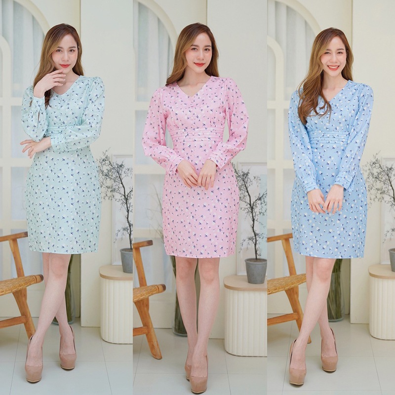kudapy เดรสสั้นคอวีสีฟ้า/สีชมพู/สีเขียว ใส่ทำงานลายดอกแขนยาวมีกระดุมกลางอกใส่สบายสวยดูดี