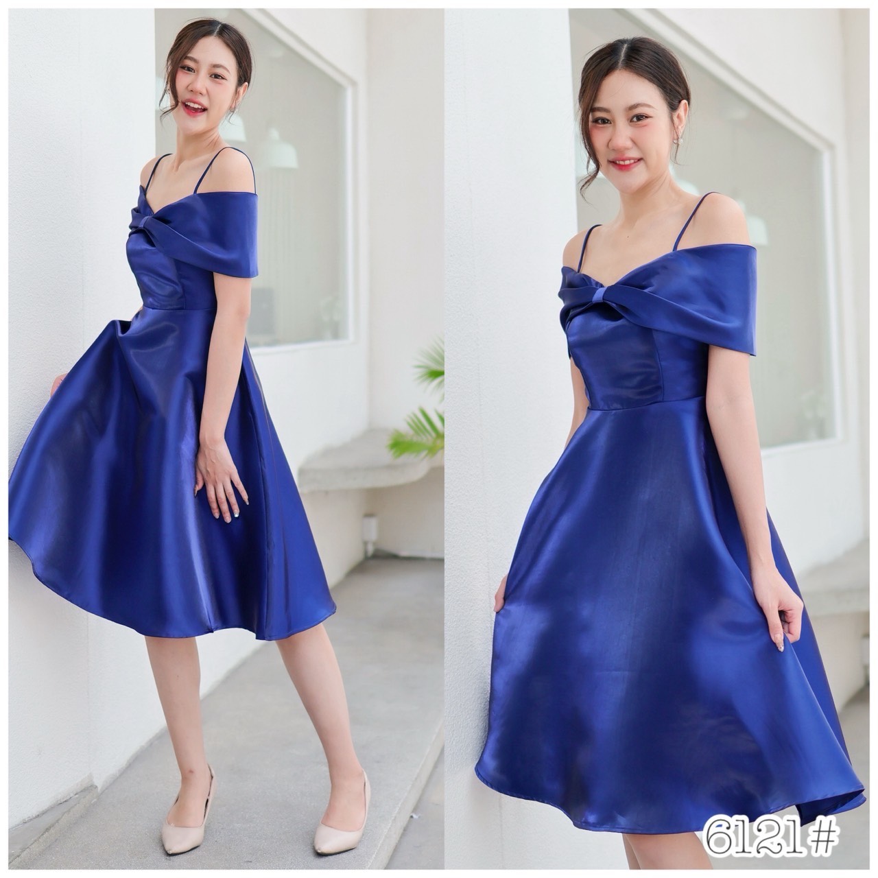 kudapy เดรสสั้นเปิดบ่า โบว์อก กระโปรงบาน เอวสูงความยาวปิดเข่า