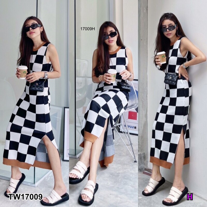 kudapy เดรสยาวสีดำ ส้ม เขียว เหลือง แขนกุดสุดแซ่บ ลายตาราง สีสันสดใส mix&match สีมาได้แบบดีมาก ผ้าไหมพรม