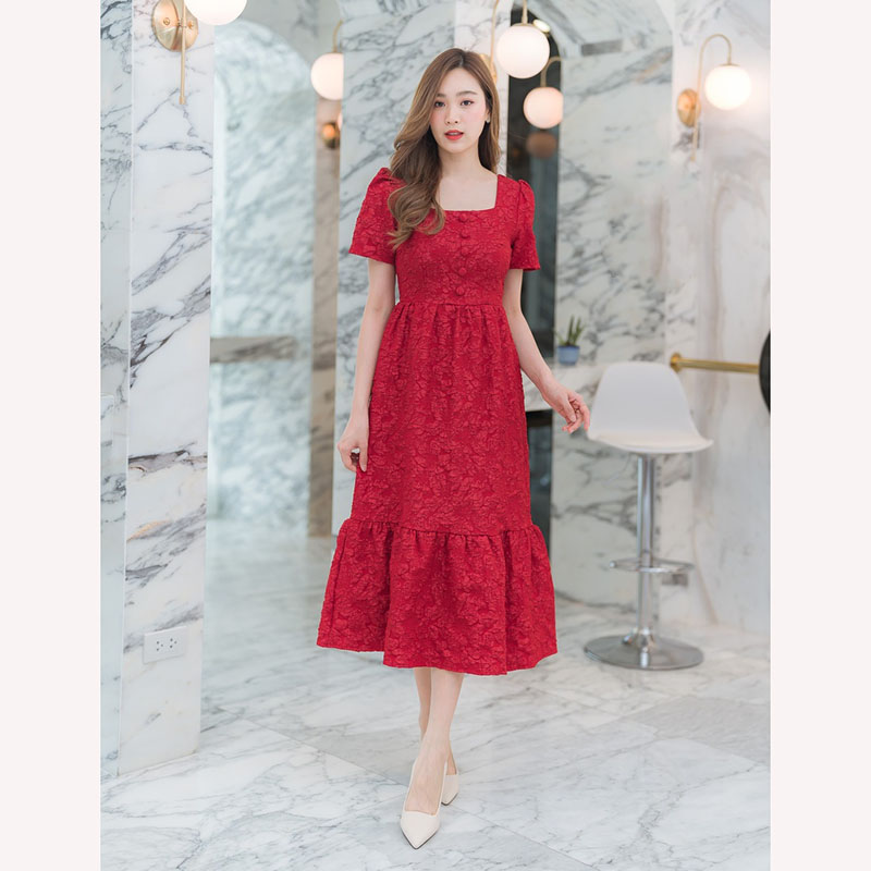 kudapyเดรสยาวสีแดง/สีชมพู/สีขาว แขนกระบอกสั้น ใส่สบายสวยดูดี