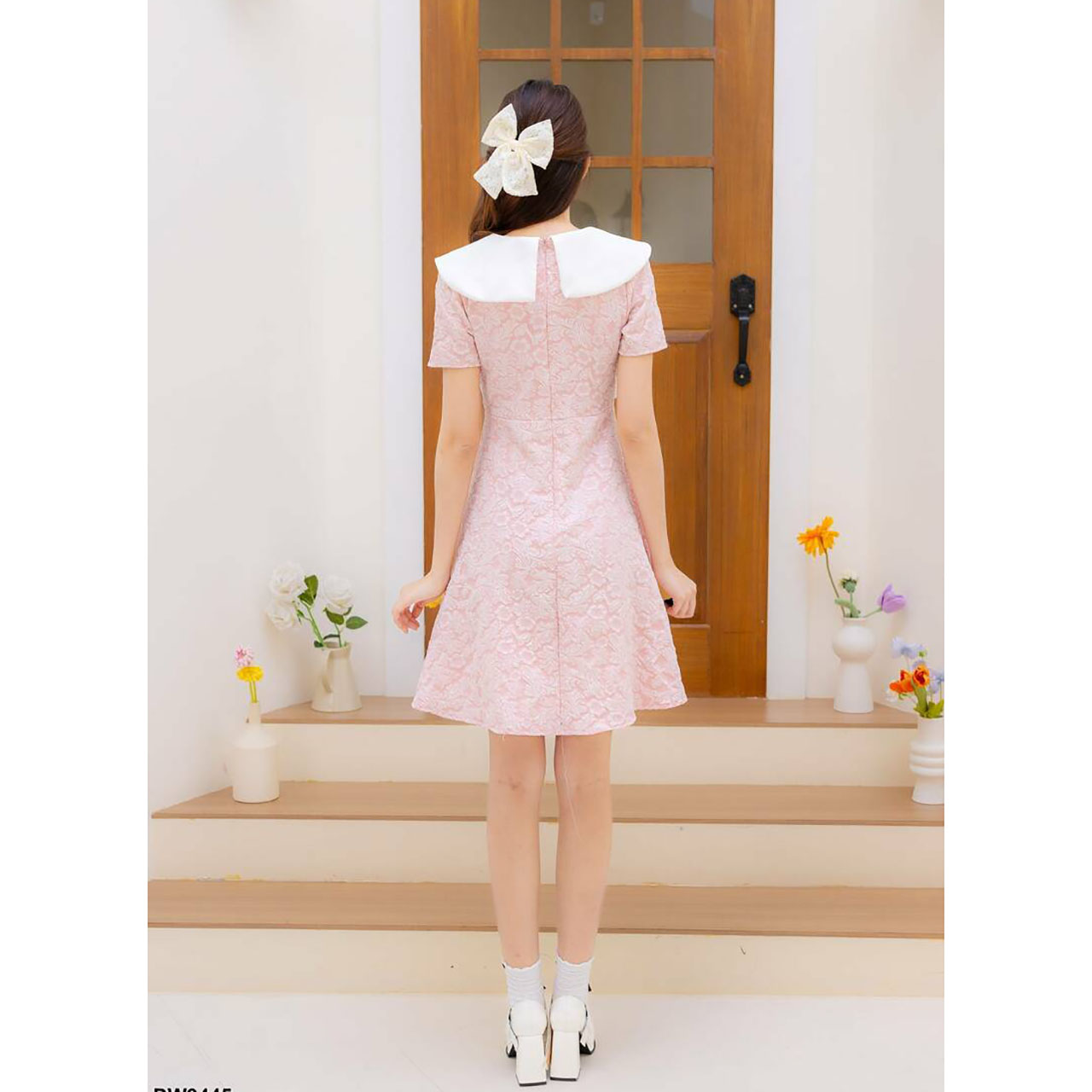 kudapy เดรสสั้นสีชมพู สีน้ำตาล สีฟ้า คอปกแจคกาดคาดเอว