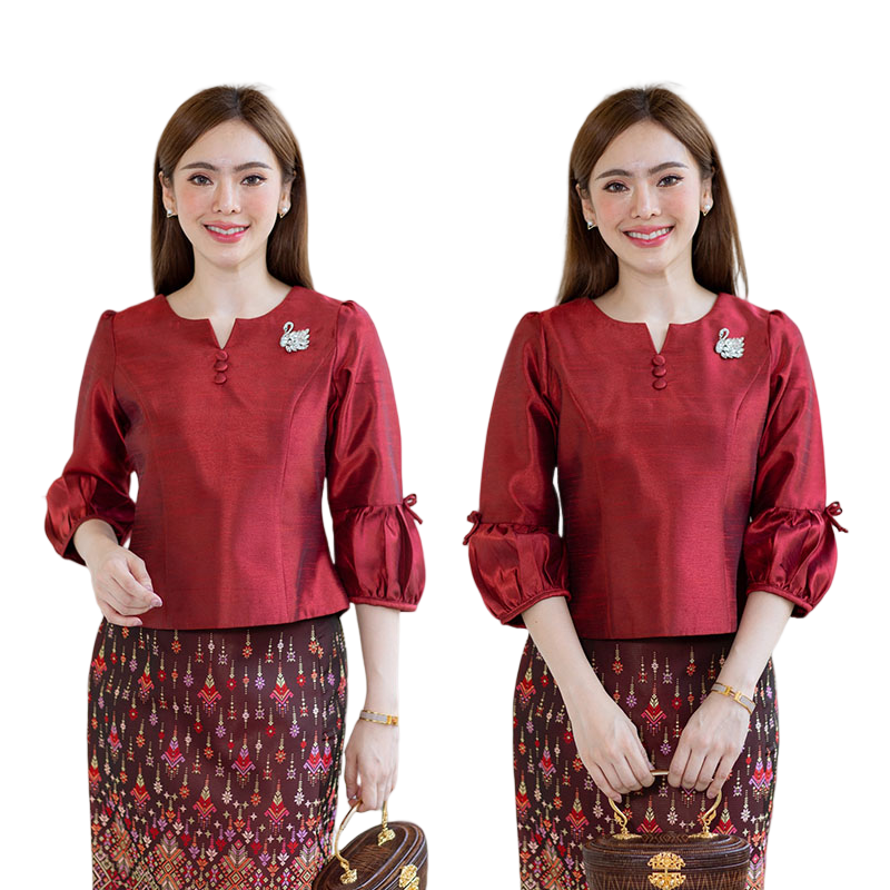 kudapy เสื้อสีขาว/สีชมพู/สีแดงเลือดหมู/สีน้ำตาล เนื้อผ้าทอ เนื้อเบาสบาย ใส่สบายผิว มีลายเส้นในตัว ใส่คู่กับ ผ้าไทยลายแพรวา หรือ ผ้าลายกวินตาทอสอดดิ้นหรูหรา