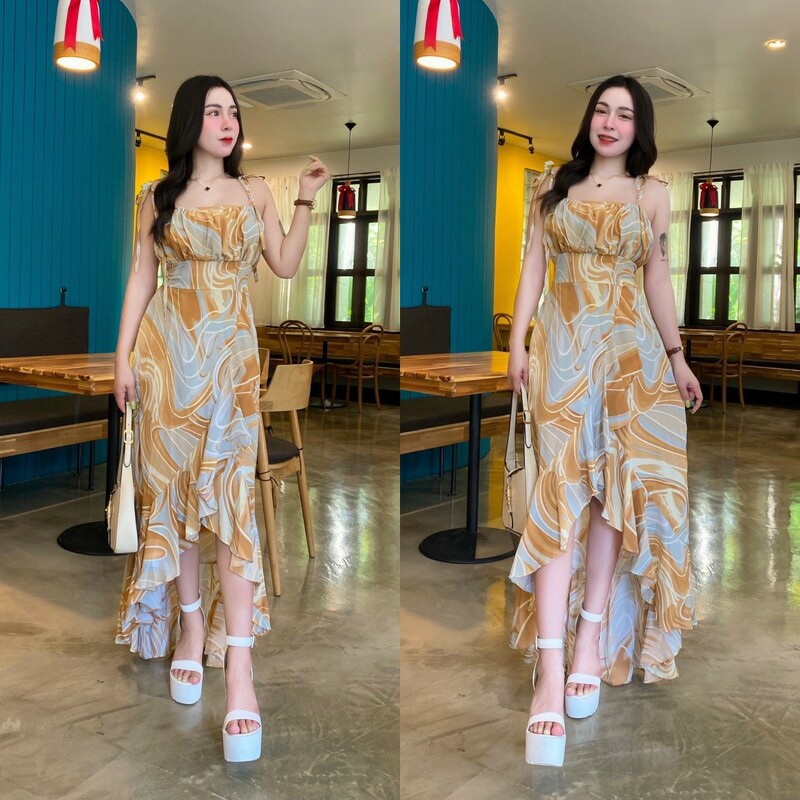 kudapy เดรสลายพาสเทล 2 in 1 ผูกไหล่ & ผูกคอ หน้าสั้นหลังยาวแวกหน้า งานผ้าไหมอิตาลีผ้าพริ้ว กระโปรงเย็บระบายชายเพิ่มดีเทล