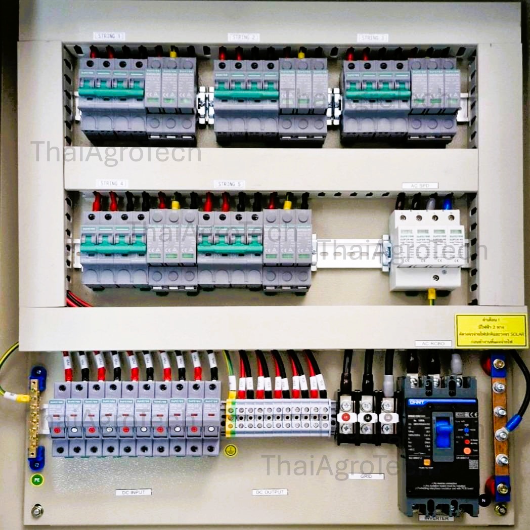 ตู้คอมบายเนอร์ใช้กับงานติดตั้งระบบโซล่าเซลล์ 1000V ดีซี 5 สตริง 20-50กิโลวัตต์ 3เฟส พร้อมเบรคเกอร์กันไฟดูด RCBO AC-DC Combiner Box RCBO 5String 3Ph