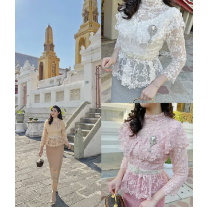 kudapy เสื้อลูกไม้ใยบวบปักเลื่อมสีชมพู สีขาว สีทอง งานเกรดคุณภาพ สวมใส่แมทออกงาน ทำบุญงานพิธีต่างๆ **เฉพาะเสื้อ**