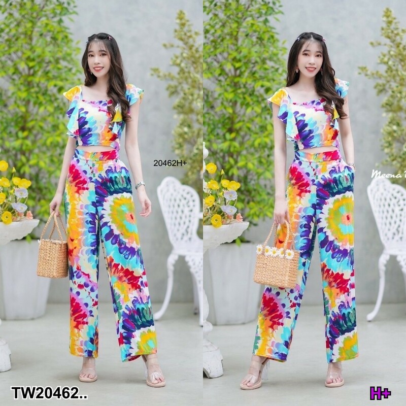 kudapy set 2 ชิ้น เสื้อครอปมัดย้อมแขนระบาย + กางเกงขายาว จะใส่เที่ยวใส่ชิลล์ ใส่ไปทะเล ก้สวยชิลล์