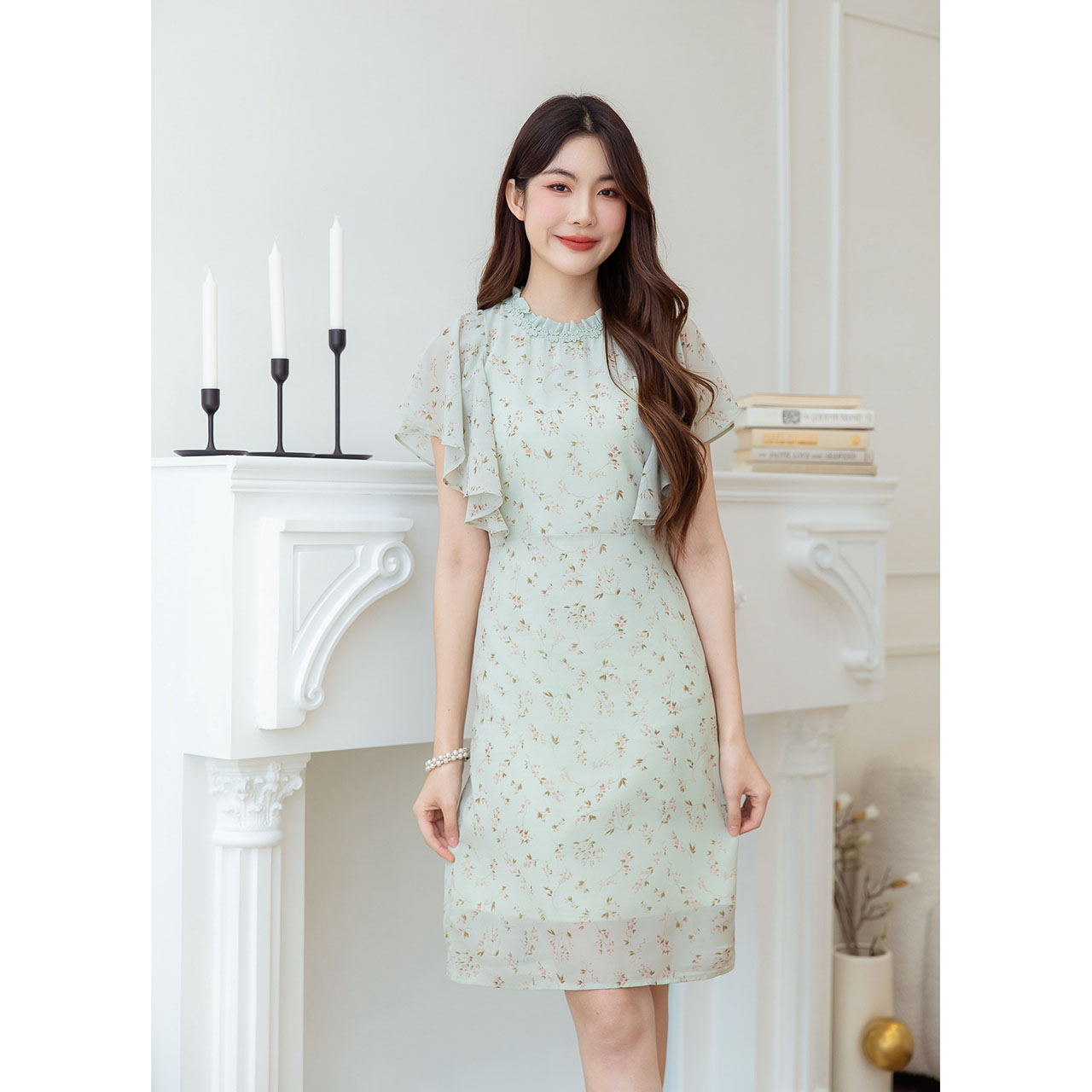 kudapy เดรสสั้นสีชมพูพาสเทล/สีเขียวพาสเทล ชีฟองสวยหวานโทนสีพาสเทล แพทเทิร์นสวยดูแพง เป็นดีเทลแขนปีก ระบายสวย